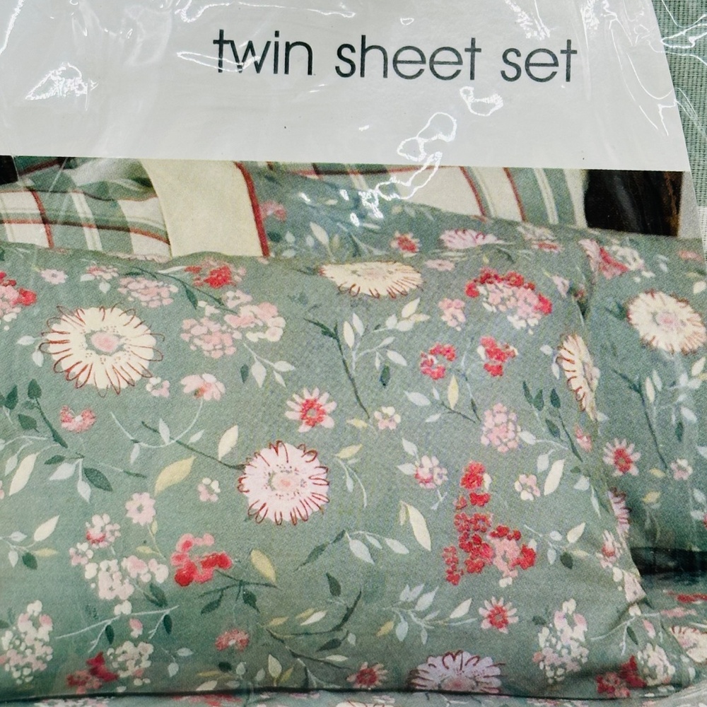 Vintage Target Twin Sheet Set Green Floral Vineyard Plaid Collection - Picture 2 of 7